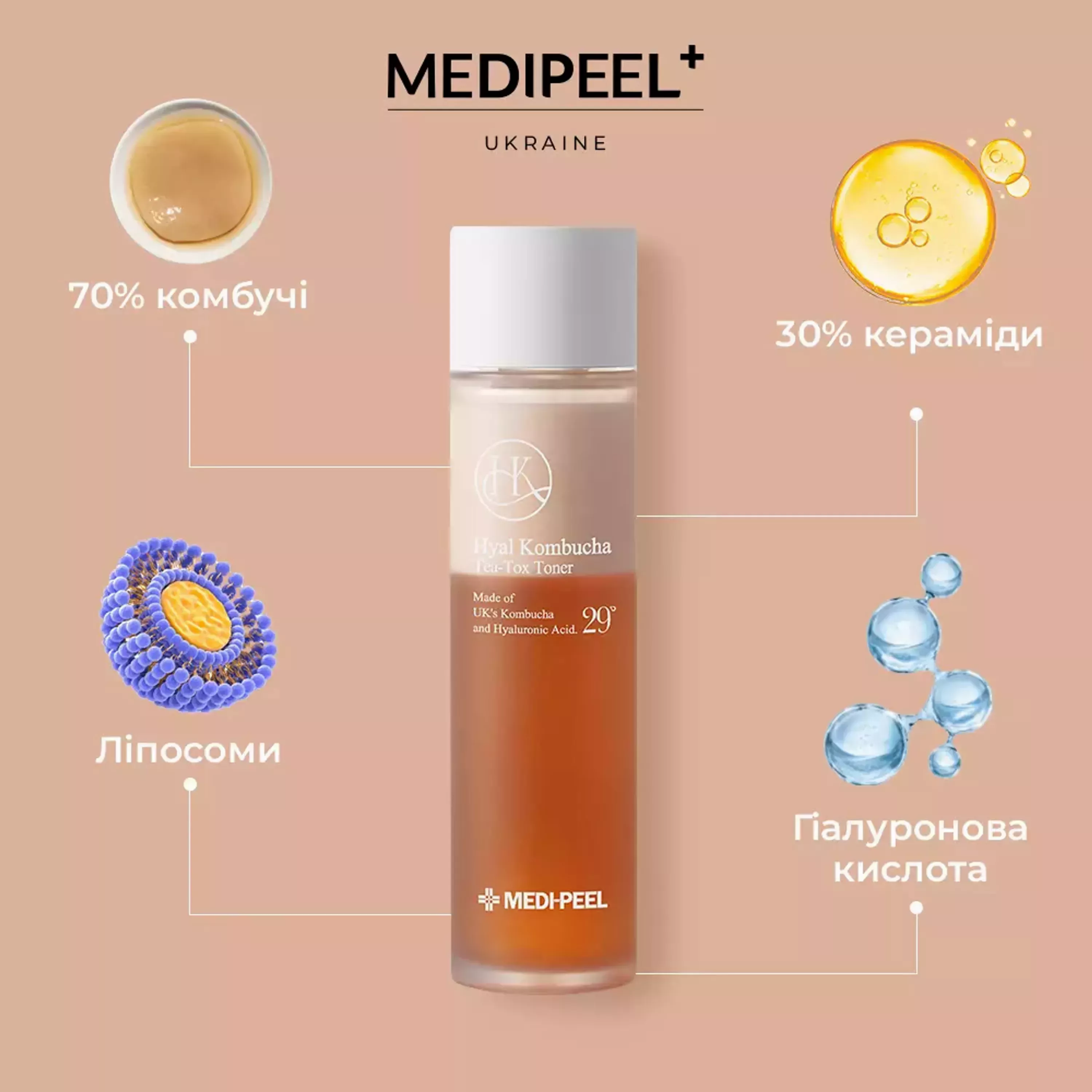 Двохфазний тонер-есенція з комбучею MEDI-PEEL Hyal Kombucha Tea-Tox Toner, 150 ml 