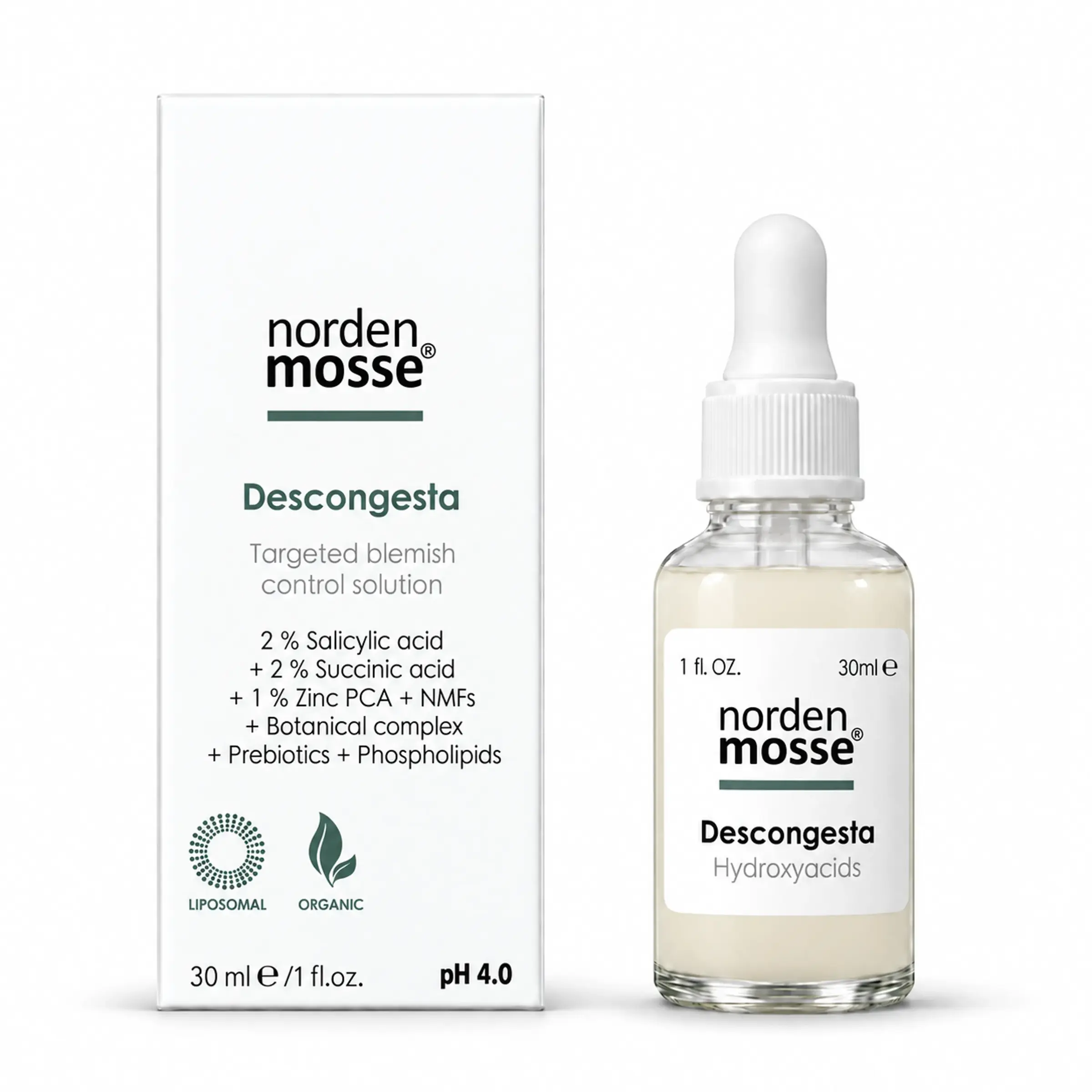 Сироватка для обличчя з саліциловою та бурштиновою кислотами Norden Mosse Descongesta, 30 мл