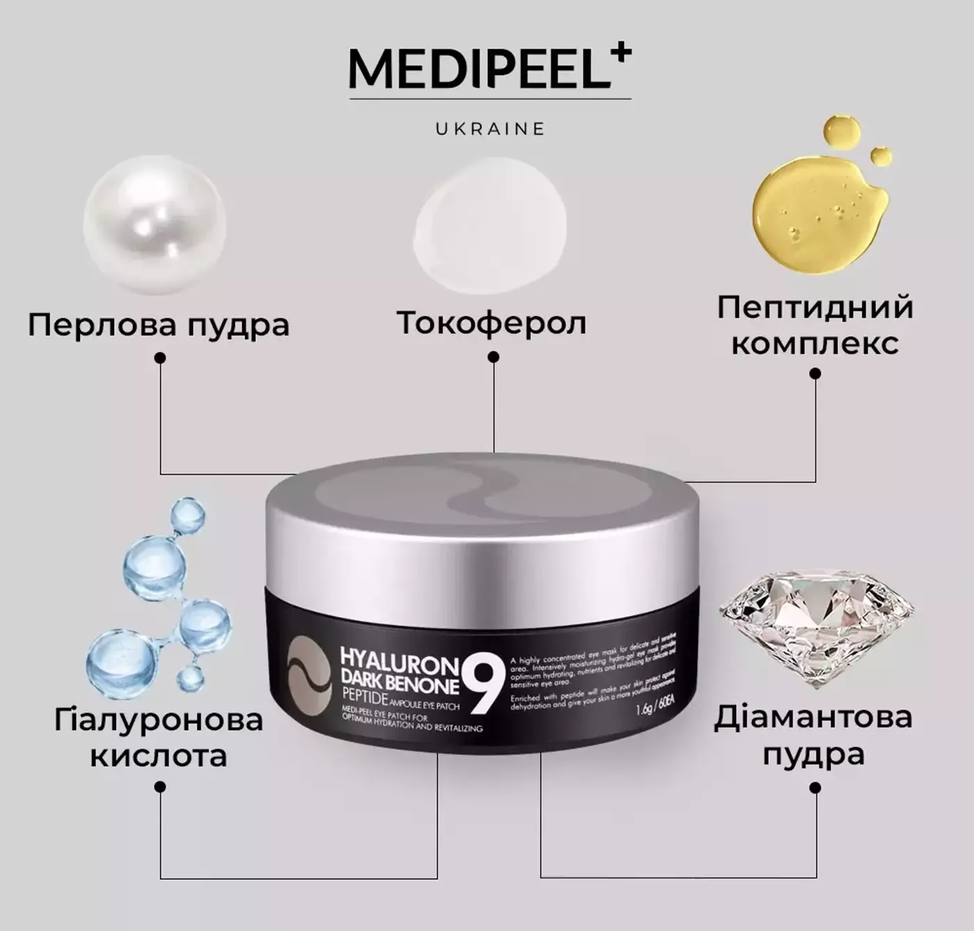 Патчі з перлами і алмазною пудрою Medi-Peel Hyaluron Dark Benone Peptide Eye Patch, 60 шт.