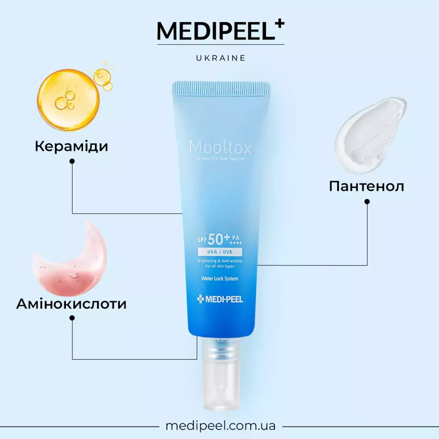 Ультразволожуюча сонцезахисна сироватка Medi-Peel Aqua Mooltox Water-Fit Sun SPF 50+/PA++++,  50 мл